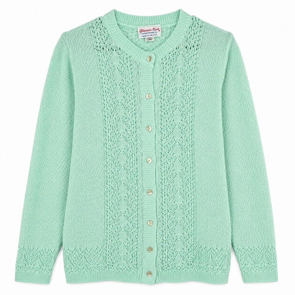 Vintage Glamour-Knit Cardigan Sweater Women's Large Green Open Knit Button USA